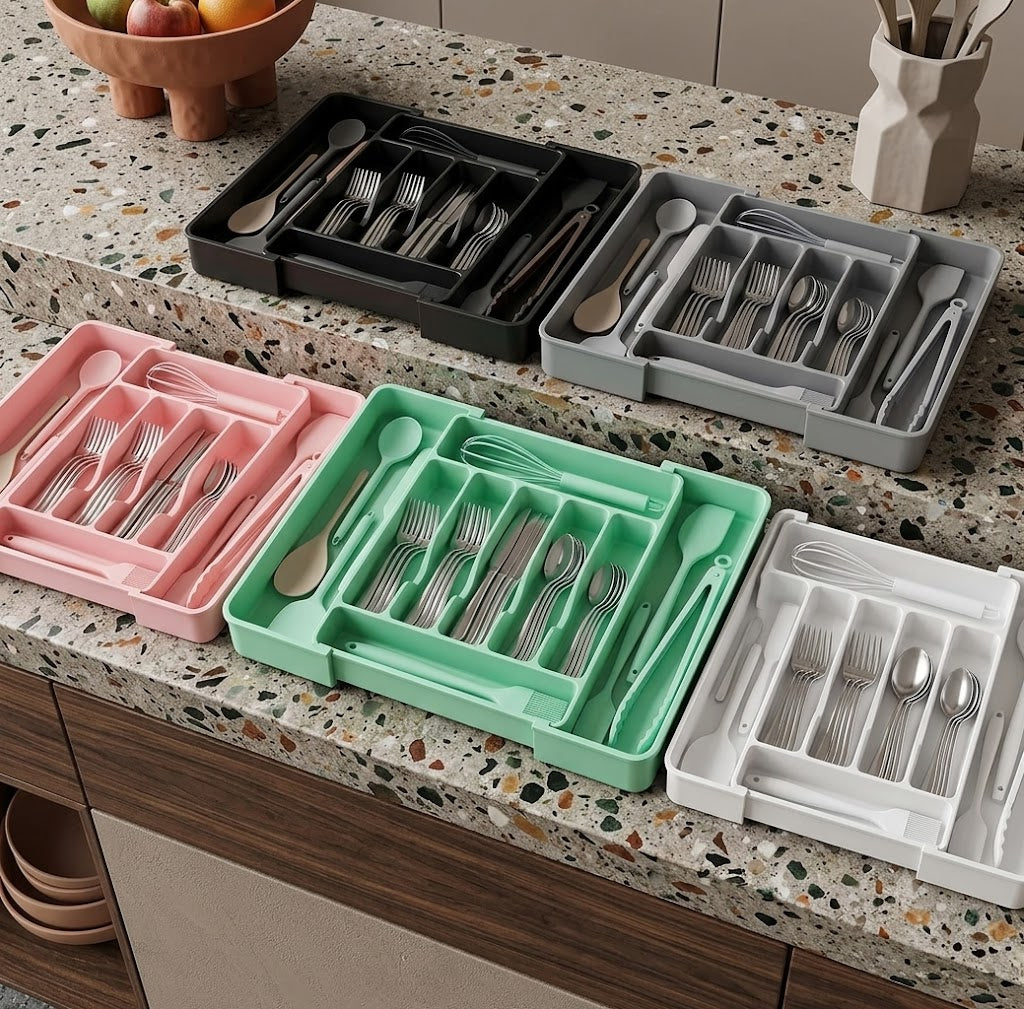 Expandable Kitchen Drawer Organizer Tray - Adjustable Silverware & Utensil Holder - Multipurpose Storage Box for Kitchen Drawers, Office Desk, Makeup, Cosmetics & Tools