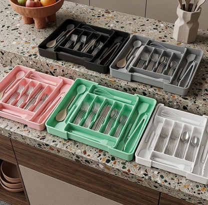 Expandable Kitchen Drawer Organizer Tray - Adjustable Silverware & Utensil Holder - Multipurpose Storage Box for Kitchen Drawers, Office Desk, Makeup, Cosmetics & Tools