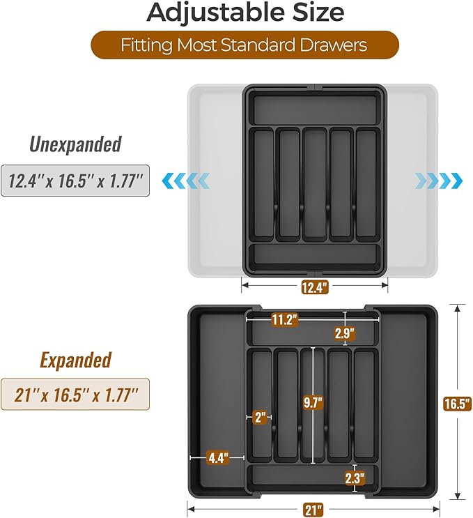 Expandable Kitchen Drawer Organizer Tray - Adjustable Silverware & Utensil Holder - Multipurpose Storage Box for Kitchen Drawers, Office Desk, Makeup, Cosmetics & Tools