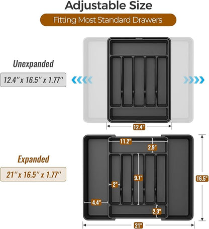 Expandable Kitchen Drawer Organizer Tray - Adjustable Silverware & Utensil Holder - Multipurpose Storage Box for Kitchen Drawers, Office Desk, Makeup, Cosmetics & Tools