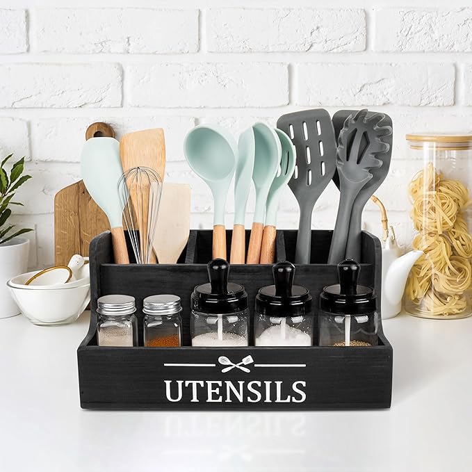 Rustic Wooden Kitchen Utensil & Spice Holder – Handcrafted Clean Organizer Caddy for Cutlery & Flatware – Farmhouse Decor for Home, Restaurants, Bars & Pubs
