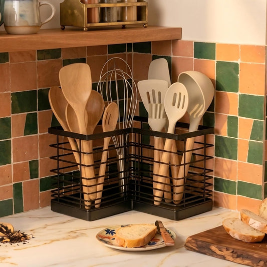 Rustic Artisanal Kitchen Organizer & Triangular Utensil Holder | Wire Storage for Spices, Cutlery, Snacks, Oil & Cleaning Supplies | Clean Design for Home, Restaurant, Bar & Pub