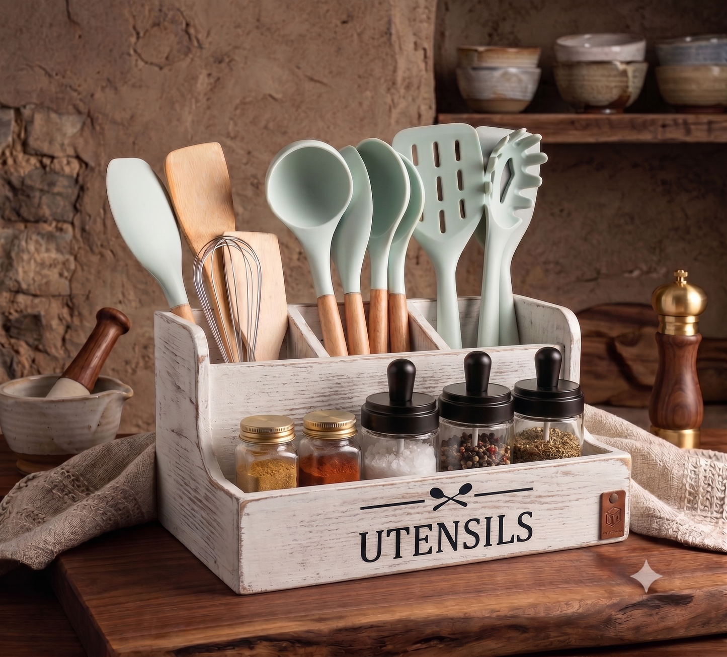 Rustic Wooden Kitchen Utensil & Spice Holder – Handcrafted Clean Organizer Caddy for Cutlery & Flatware – Farmhouse Decor for Home, Restaurants, Bars & Pubs