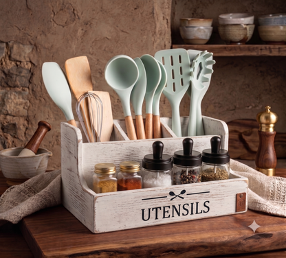 Rustic Wooden Kitchen Utensil & Spice Holder – Handcrafted Clean Organizer Caddy for Cutlery & Flatware – Farmhouse Decor for Home, Restaurants, Bars & Pubs