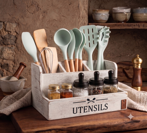Rustic Wooden Kitchen Utensil & Spice Holder – Handcrafted Clean Organizer Caddy for Cutlery & Flatware – Farmhouse Decor for Home, Restaurants, Bars & Pubs