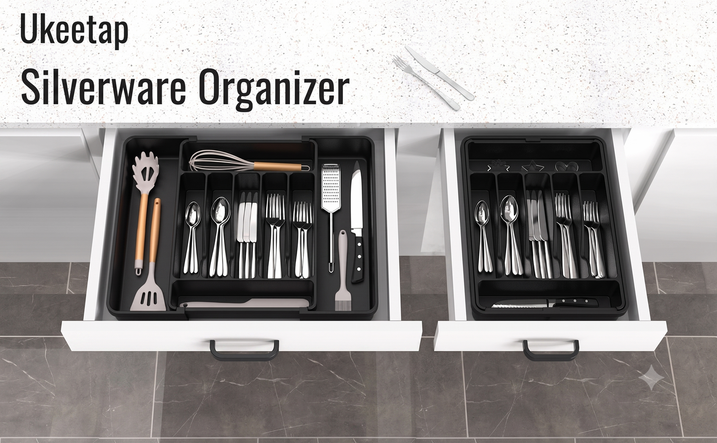 Expandable Kitchen Drawer Organizer Tray - Adjustable Silverware & Utensil Holder - Multipurpose Storage Box for Kitchen Drawers, Office Desk, Makeup, Cosmetics & Tools