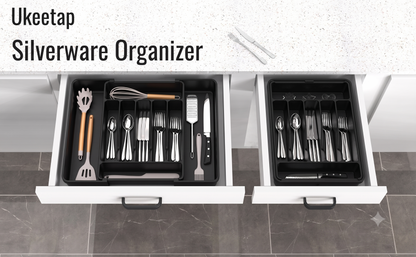 Expandable Kitchen Drawer Organizer Tray - Adjustable Silverware & Utensil Holder - Multipurpose Storage Box for Kitchen Drawers, Office Desk, Makeup, Cosmetics & Tools