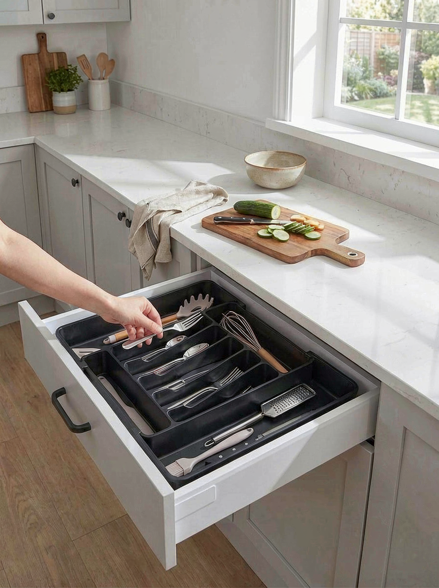 Expandable Kitchen Drawer Organizer Tray - Adjustable Silverware & Utensil Holder - Multipurpose Storage Box for Kitchen Drawers, Office Desk, Makeup, Cosmetics & Tools
